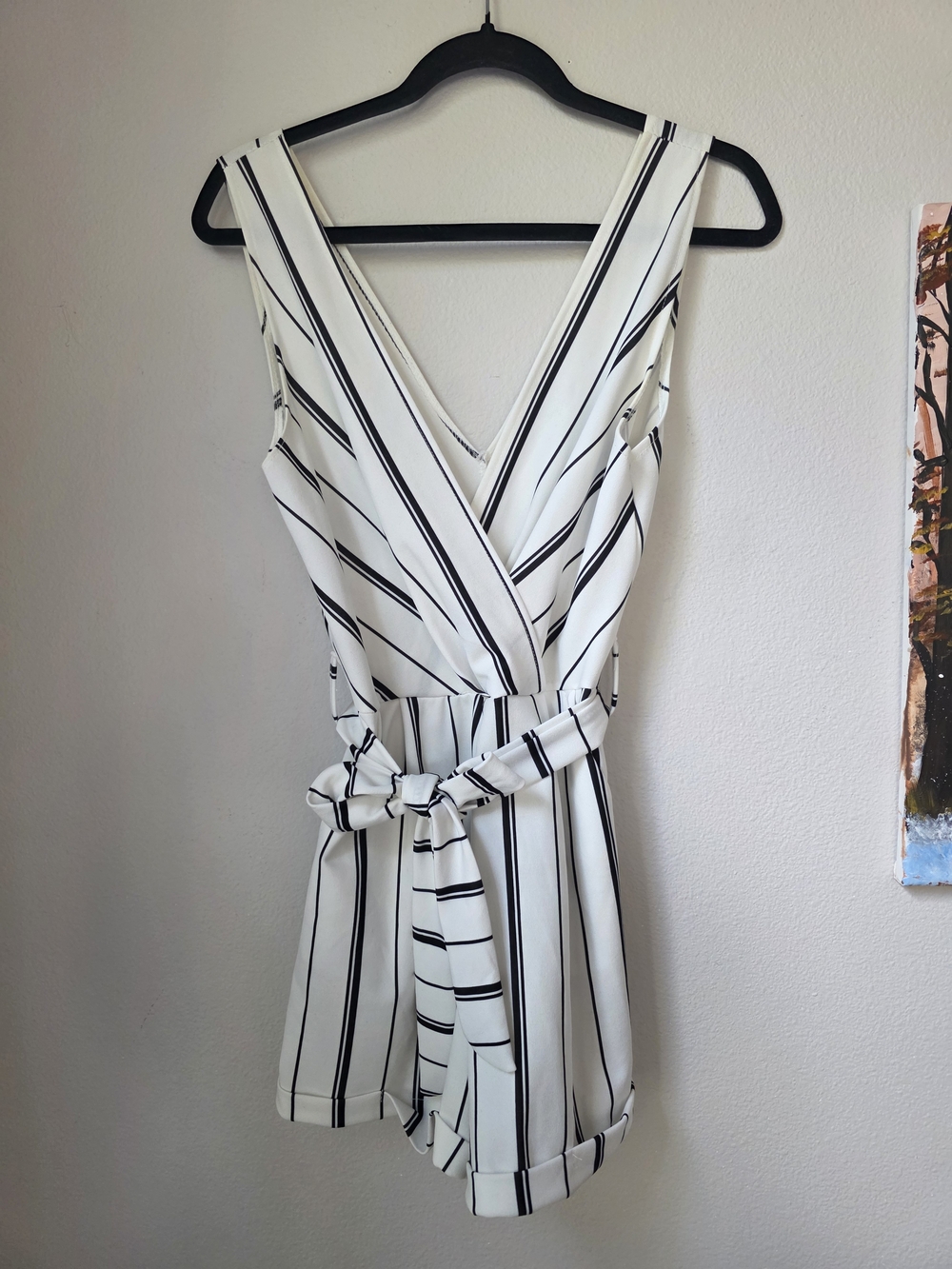 White V-Neck Romper with Black Stripe Detail